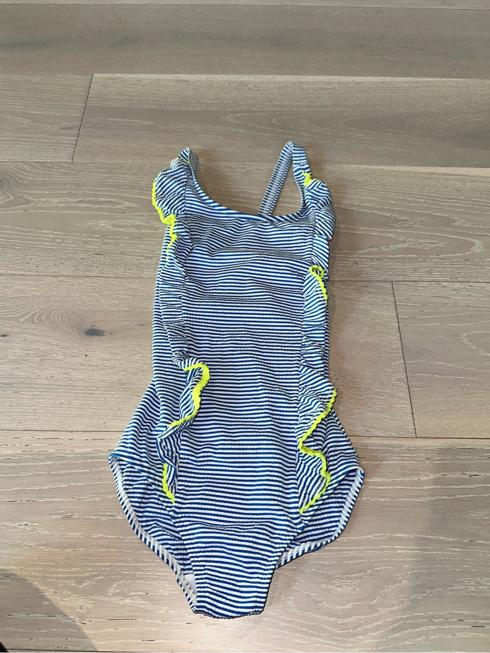 Mini Boden girls blue & white seersucker swimsuit 7-8 year
